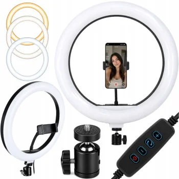LED riņķa lampa (35 cm) ar tālruņa turētāju un regulējamu gaismu