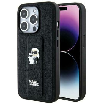 Apple iPhone 14 Pro Max 6.7'' Karl Lagerfeld Gripstand Saffiano Karl & Choupette Pins Cover Case, Black