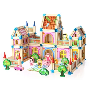 Bērnu Rotaļu Spēļu Leļļu Koka Māja - Konstruktors ar Aksesuāriem, 268 detaļas | Wooden Building Blocks Doll...