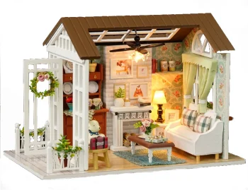Wooden Dollhouse / DIY Living Room Model with LED 8008-A, 20.6cm