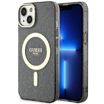 Guess iPhone 14 Plus vāciņš Glitter Gold MagSafe, melns