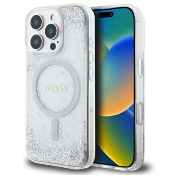 Guess Resin Gradient Glitter MagSafe vāciņš iPhone 16 Pro, sudraba