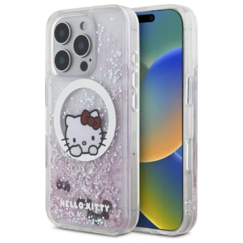 Чехол Hello Kitty для iPhone 16 Pro Max Liquid Glitter Sweet Kitty Bows MagSafe, белый