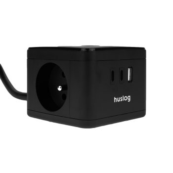 Pagarinātājs kubs Huslog ar LED gaismu un USB, 5 pieslēgvietas, melns