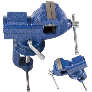 Rotating cast iron bench vise with anvil, blue