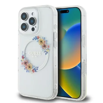Чехол Guess для iPhone 16 Pro IML Flowers Wreath MagSafe, прозрачный