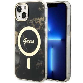 Guess iPhone 14 vāciņš IML Golden Marble MagSafe, melns