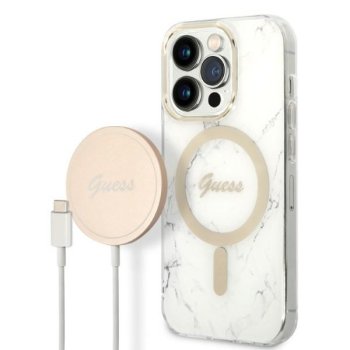 Set Guess Gubpp14lhmeacsh Case+ Charger iPhone 14 Pro 6.1\" White/white Hard Case Marble Magsafe