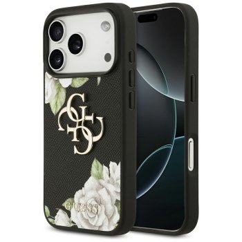 Guess Grained Roses & Big 4G Logo iPhone 17 Pro vāciņš — melns | Phone Case Cover