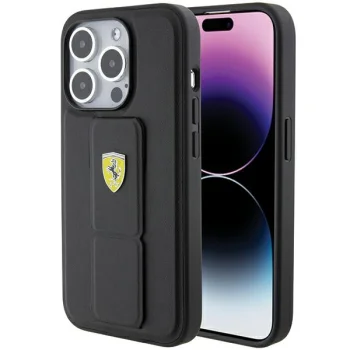 Чехол Ferrari для iPhone 15 Pro Max Grip Stand Metal Logo, черный