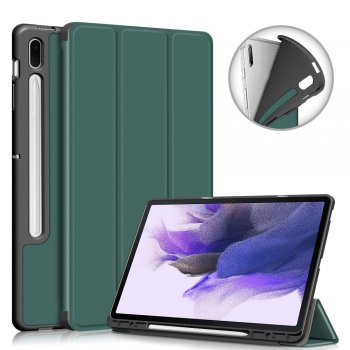 Samsung Galaxy Tab S7 FE (SM-T730 SM-T736B) Tri-fold Stand Design TPU + PU Leather Cover Case with Pen Slot, Green | Vāks Apvalks Pārvalks Grāmatiņa Planšetdatoram