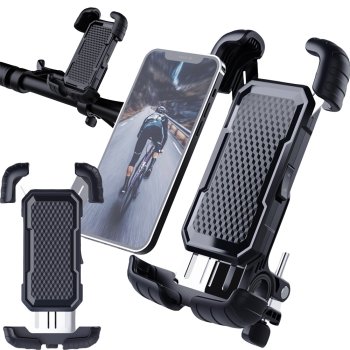 Shock-absorbing bike phone holder, 360° handlebar mount for motorcycle & scooter, black
