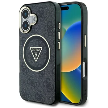 Чехол Guess IML Metal Glitter 4G Circle Triangle MagSafe для iPhone 16, Черный