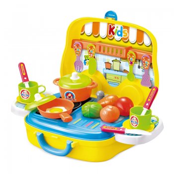 Bērnu rotaļu spēles virtuves plīts komplekts ar 19 piederumiem autobusa koferī | Cooker set with accessories -...