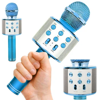 Bezvadu Bluetooth karaoke mikrofons ar skaļruni un balss modifikatoru, zils