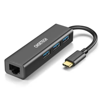 Адаптер Choetech HUB-U02 USB-C на RJ-45 и 3x USB 3.0, черный