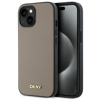 DKNY Grained Metal Logo MagSafe vāciņš iPhone 15 - Bēšs