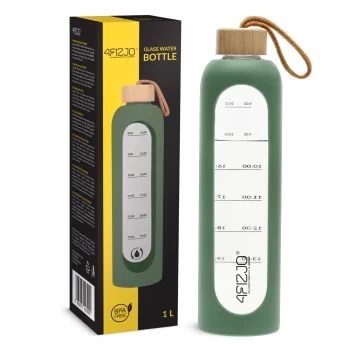 4FIZJO Glass Water Bottle 1 L, Olive Green