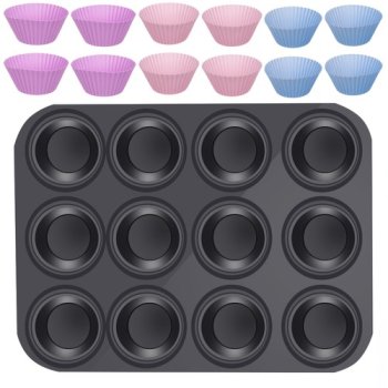 Teflona Mafinu Kēksu Cepšanas Trauks + 12 Silikona Veidnes | Teflon Mold Muffin Cupcake Baking Dish + Silicone Molds