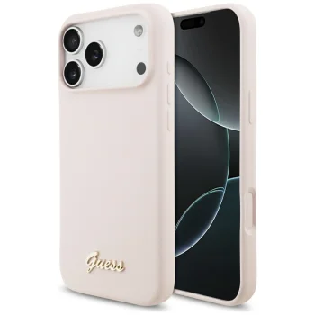Guess iPhone 17 Pro Max vāciņš Silicone Script Metal Logo MagSafe, rozā