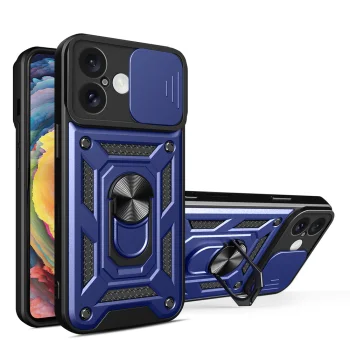 Hybrid Armor Camshield Case for iPhone 16 with Camera Cover and Stand, Blue