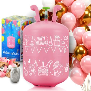 Ricokids Helium Cylinder 0.20 m³ with 30 Balloons and Ribbon, White/Pink/Gold