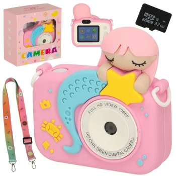 Kids Digital Camera with 32GB card and Mermaid Case, Pink