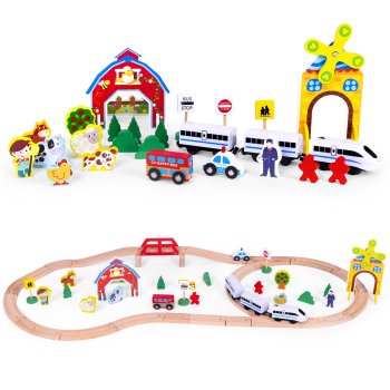 ECOTOYS Wooden Train Set with Battery-Operated Train Farm 53 Pieces