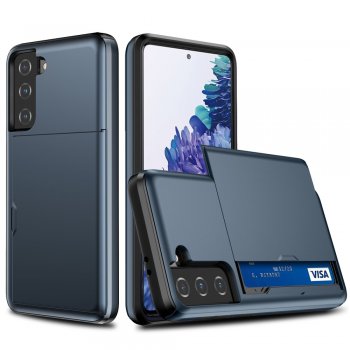 Samsung Galaxy S21+ Plus (SM-G996B) Slide Card Holder PC + TPU Hybrid Back Case Cover, Dark Blue | Telefona Maciņš Vāciņš Apvalks Bampers