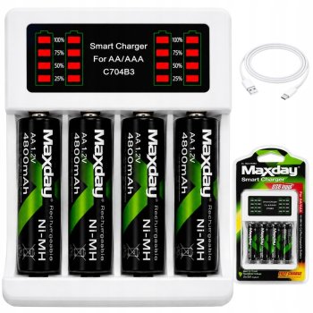 Maxday AA / AAA akumulatoru lādētājs ar LED indikatoru + 4x AA akumulatori, USB-C, balts