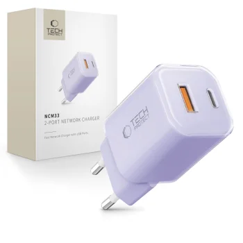 Tech-Protect NCM33 PD 33W QC3.0 USB-C / USB-A tīkla lādētājs, violetas krāsas