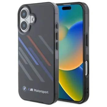 BMW iPhone 16 Plus vāciņš Motorsport IML Random Stripes, melns