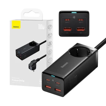 Baseus GaN3 Pro 100W Charging Station 2xUSB-A 2xUSB-C + 1m Cable, Black