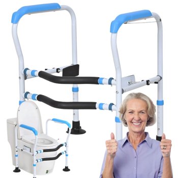 Adjustable toilet support rail for seniors with non-slip handles