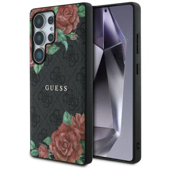 Guess Leather 4G Flowers MagSafe vāciņš Samsung Galaxy S25 Ultra - Melns
