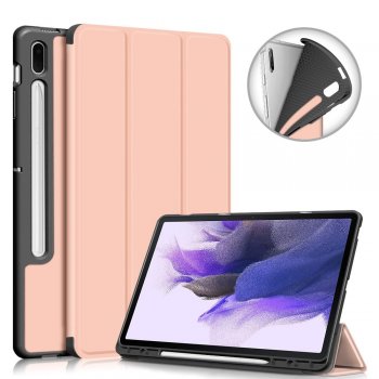 Samsung Galaxy Tab S7 FE (SM-T730 SM-T736B) Tri-fold Stand Design TPU + PU Leather Cover Case with Pen Slot, Rose Gold...