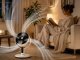 Adjustable Floor Fan with LED Display, Remote Control and Oscillation, White/Black