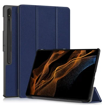 Samsung Galaxy Tab S9 Ultra (SM-X910, SM-X916B) Tri-fold Stand Design Leather Case Cover, Blue | Чехол...