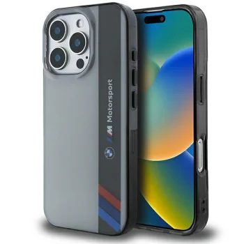 Чехол BMW для iPhone 16 Pro Motorsport IML Vertical Stripe, серый