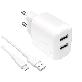 Puro PROLITE 10W tīkla lādētājs ar 2x USB-A un USB-A uz USB-C kabeli 1.2m, balts
