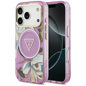 Guess IML Glitter Flowers Triangle MagSafe vāciņš iPhone 17 Pro Max – violets | Phone Case Cover