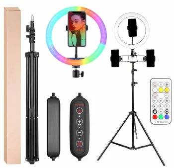 LED RGB apaļā lampa 30cm ar statīvu 210cm, melna