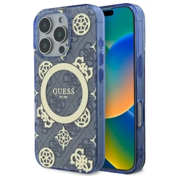 Чехол Guess для iPhone 16 Pro Max IML Peony On 4G Background MagSafe, синий