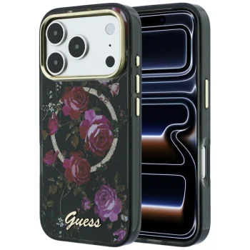 Guess IML Glitter Blossom Roses MagSafe ümbris iPhone 18 Pro Max / 17 Pro Max, must
