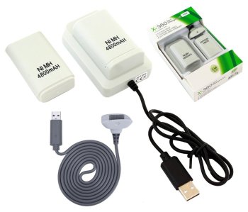 Xbox 360 akumulatoru komplekts ar USB lādētāju, 2 gab., balts