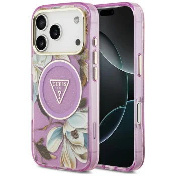 Guess IML Glitter Flowers Triangle MagSafe ümbris iPhone 18 Pro Max / 17 Pro Max, lilla