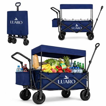Ikonka LUARO KX2841 saliekams pludmales ratiņi ar jumtiņu un tīklu, 120L, tumši zili