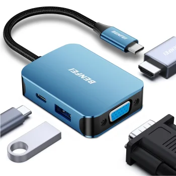 Benfei USB-C centrmezgls 4-in-1 ar HDMI 4K, VGA, USB-A un USB-C, zils