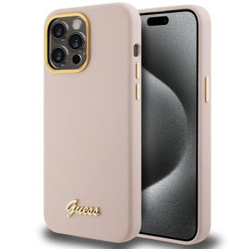 Guess silikona vāciņš ar metāla logotipu un rāmi iPhone 15 Pro Max - rozā krāsā | Silicone Script Metal Logo...