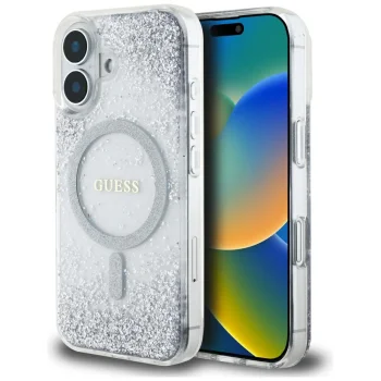 Guess HC Resin Bottom Glitter MagSafe vāciņš iPhone 16, Sudraba